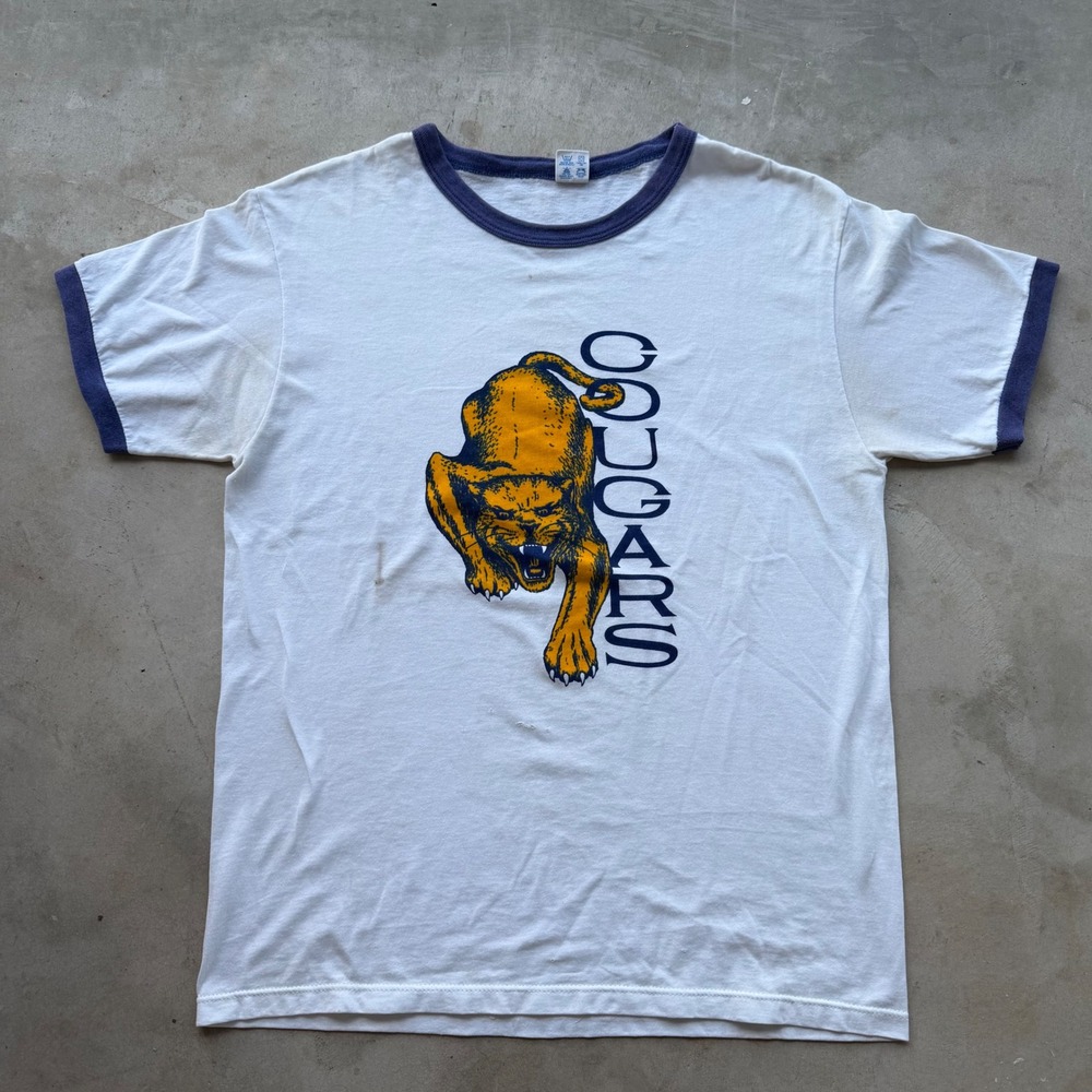 Vintage Champion Ringer T Shirt XL White Blue Cougars Graphic Made in USA 50/50